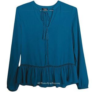 A.N. A. Teal Blue Green Polyester Long Sleeve Peplum Blouse Shirt Size SMALL